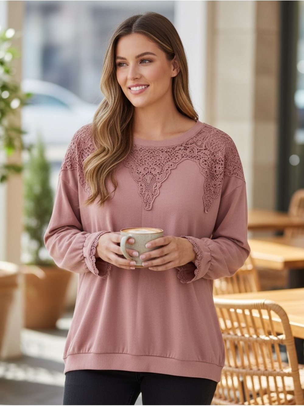 NWT easel Dusty Rose Crochet Yoke Pullover Sweatshirt